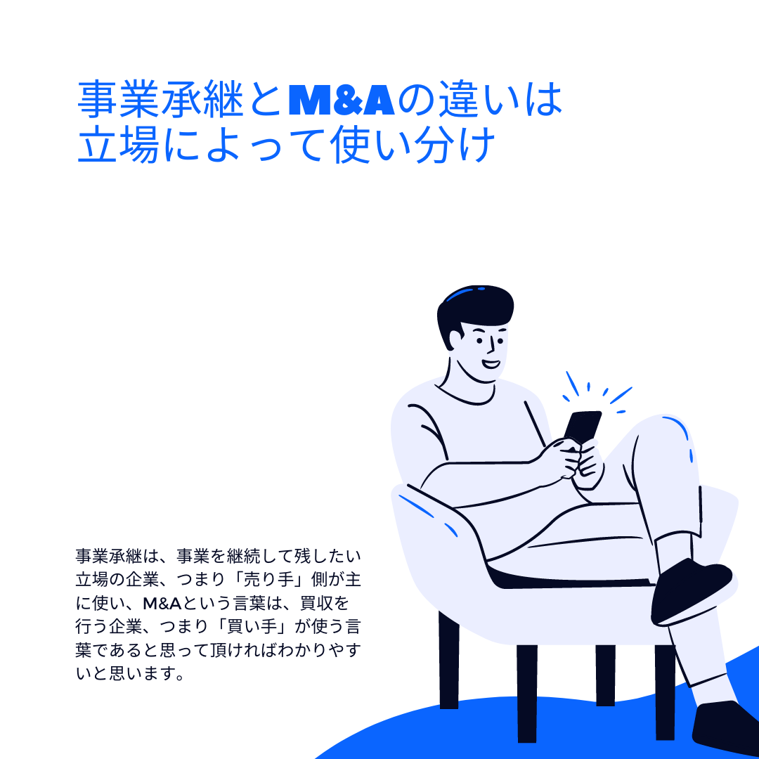 事業承継とM&Aの違いは立場によって使い分け.事業承継は、事業を継続して残したい立場の企業、つまり「売り手」側が主に使い、M&Aという言葉は、買収を行う企業、つまり「買い手」が使う言葉であると思って頂ければわかりやすいと思います。